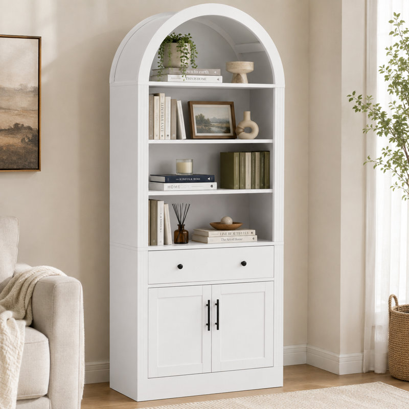 Bibliothèque haute arquée Garst avec 2 étagères réglables, 1 tiroir et un placard à double porte, vitrine autoportante en MDF de 180 cm (70,9 po), bibliothèque moderne à plateau arqué pour salon