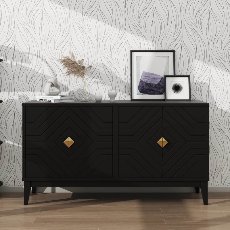 Élégante armoire à 4 portes pour les espaces de salle à manger avec deux grandes armoires et des tablettes dorées