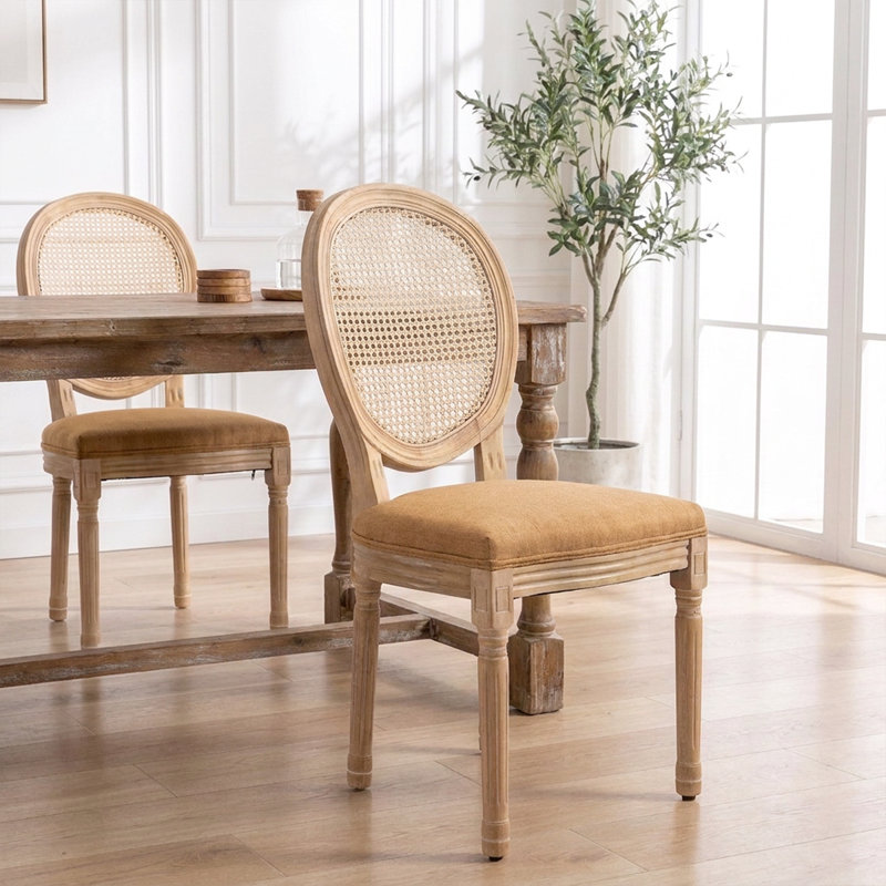 Chaises de salle à manger d'inspiration rétro avec structure en bois massif - dossier en rotin, tissu en lin, ensemble de 2
