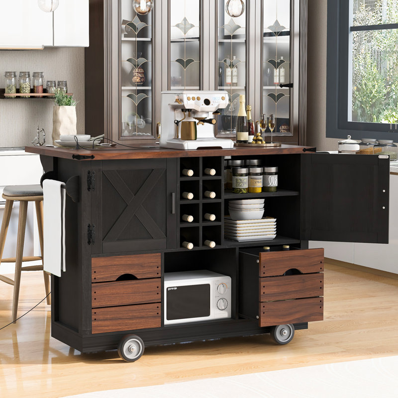 Bosart Farmhouse Kitchen Island with Drop Leaf, Storage & Power Outlet, Black