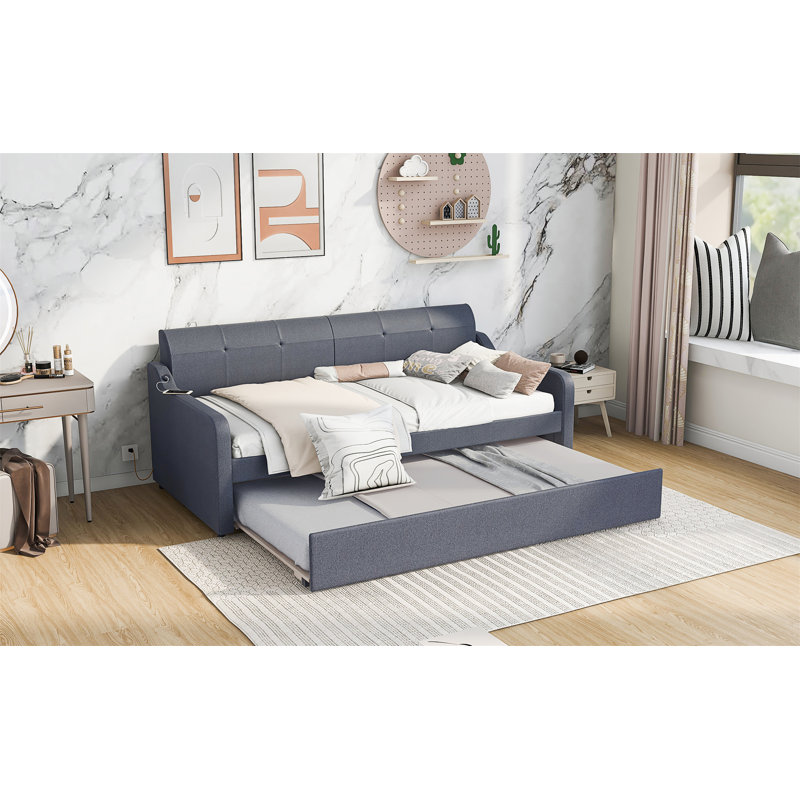Upholstery Daybed With Trundle And USB Charging Design, Gray