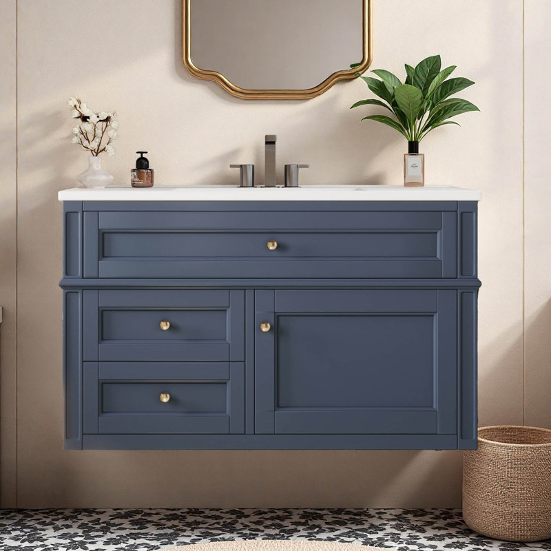 Meuble-lavabo mural simple flottant 36 po avec comptoir en céramique 36 po, Blue