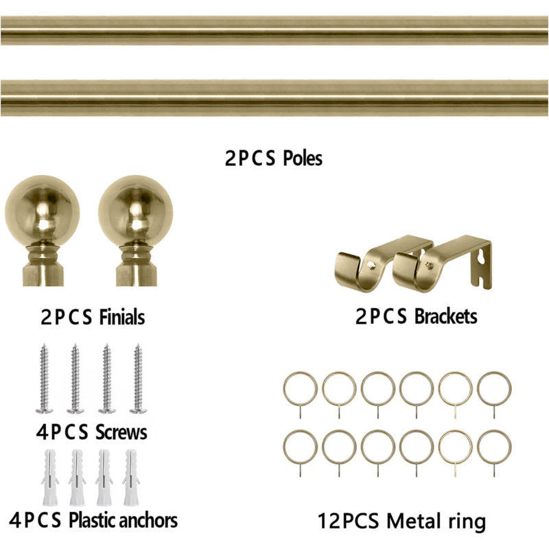 Adjustable Plain Metal Ball Curtain Rod, 70-120 cm, Antique Brass