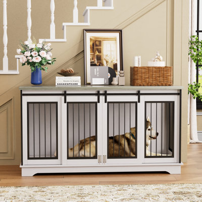 Grande cage pour chien de 61 po, cage pour chien avec cloison, table de bout, blanc / gris