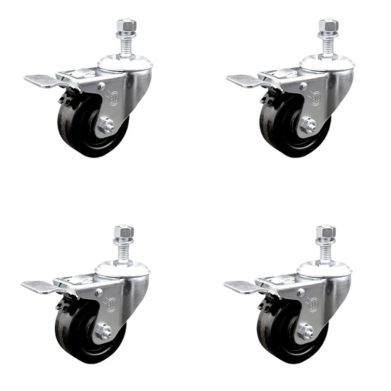 Swivel 3/8 Inch Threaded Stem Caster Set with Total Lock Brake