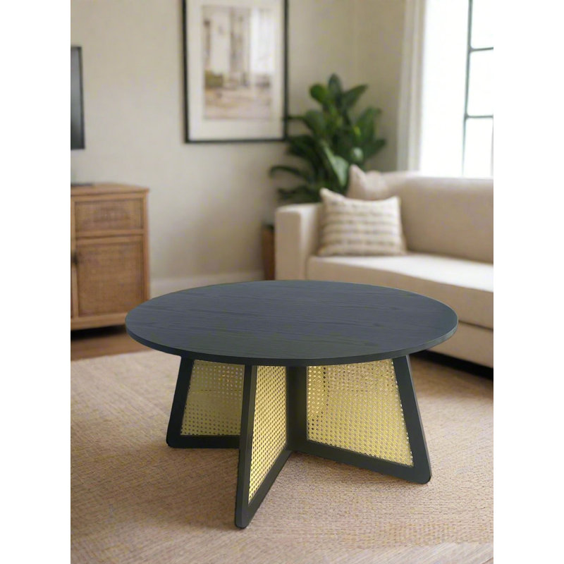 Bot Round Black Coffee Table with Base Cane Inlay – Modern Wood Accent Centerpiece