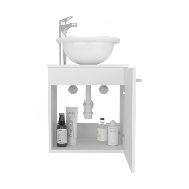 Clyde Floating, Wide One-Door Cabinet Vanity, With Wessel Sink And One Shelf, Bathroom Storage, White, White