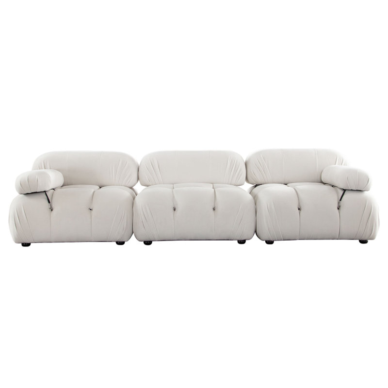 Ensemble de canapé modulaire 3 pièces Hito, pouces, capitonnage à bulles, Velours crème, H 30 po x l 111 po x P 37 po