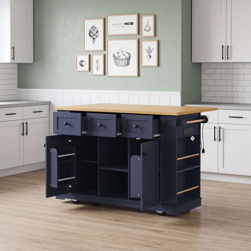 Ensemble d'îlot de cuisine 3 pièces avec 2 tabourets, abattant, station de charge intégrée, tablettes réglables et roues verrouillables