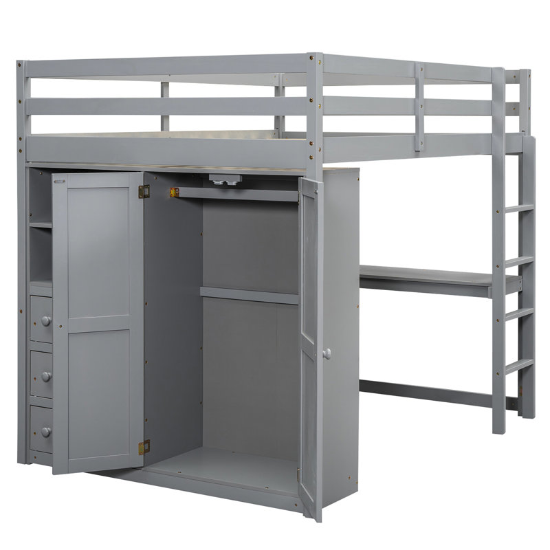 Lit mezzanine double en bois avec garde-robe intégrée, bureau et rangement dans des tons de gris Options polyvalentes, Gris