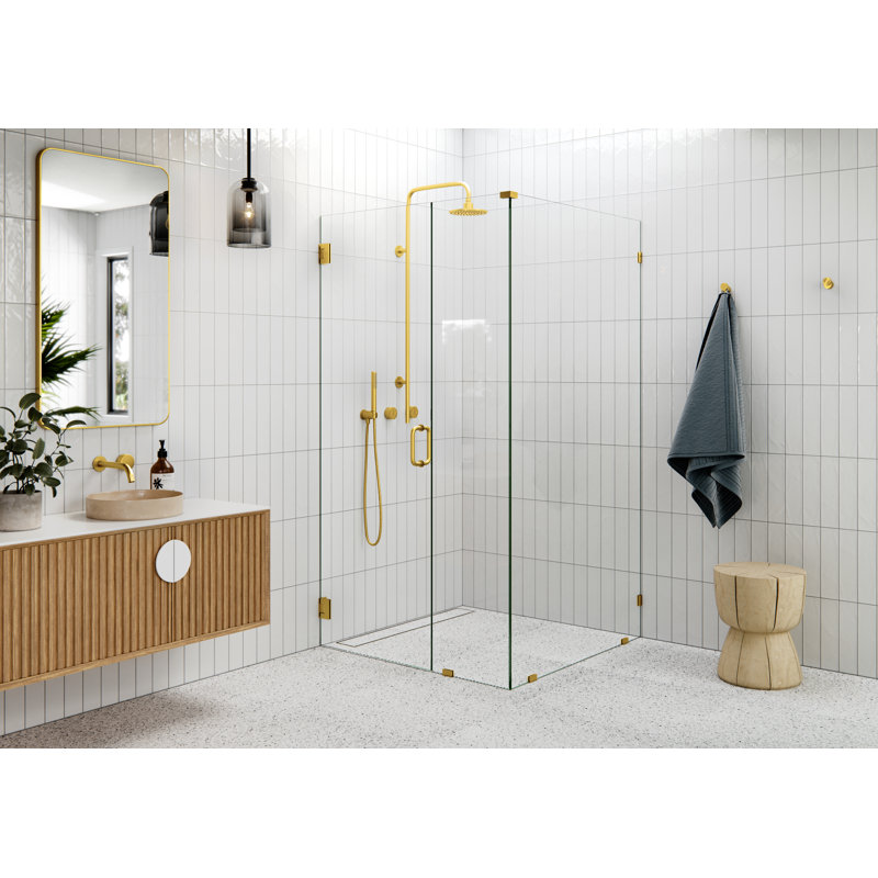 Illume 41 in. x 41.5 in. x 78 in. 90-degree Fully Frameless Wall Hinged Glass Shower Enclosure, Satin Brass