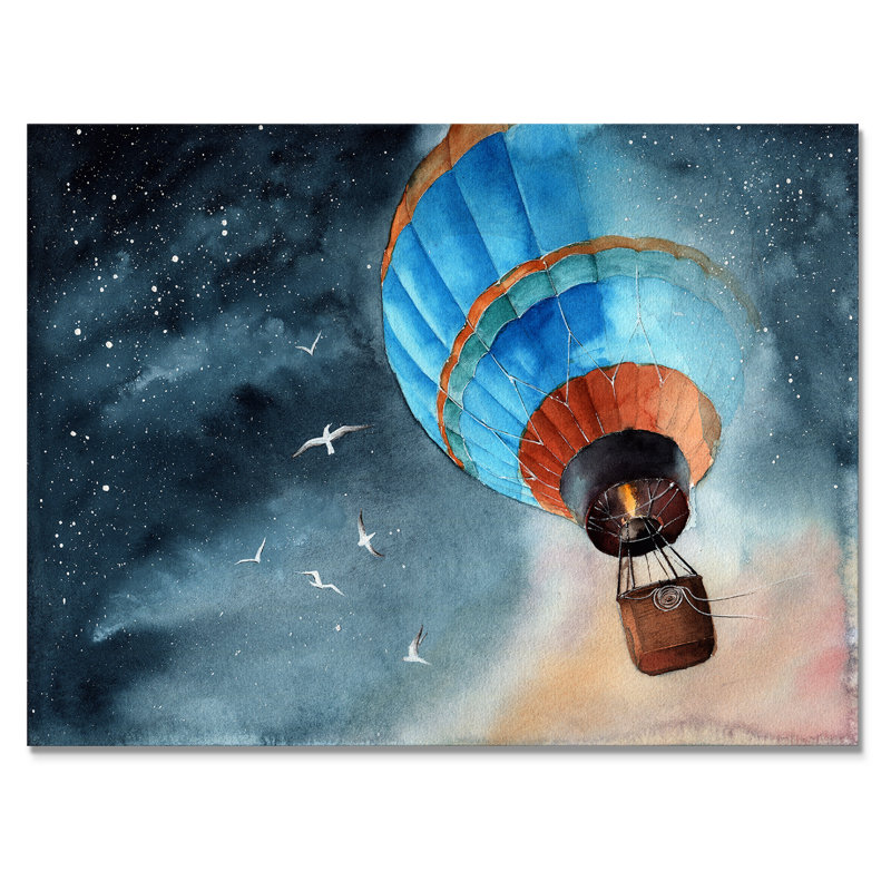 «Blue Air Balloon in Starry Night», peinture sur toile, H 12 po x l 20 po x P 1 po, Toile tendue