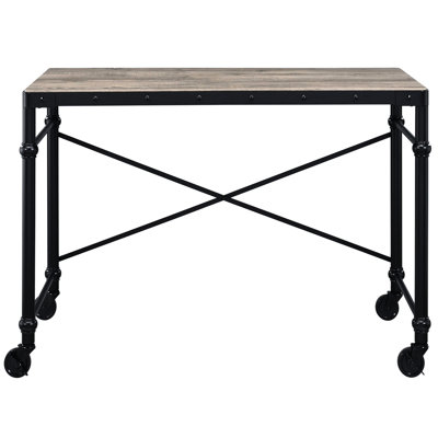 Writing Desk With Comfortable Wheels, Rustic Oak And Black Spacious Design