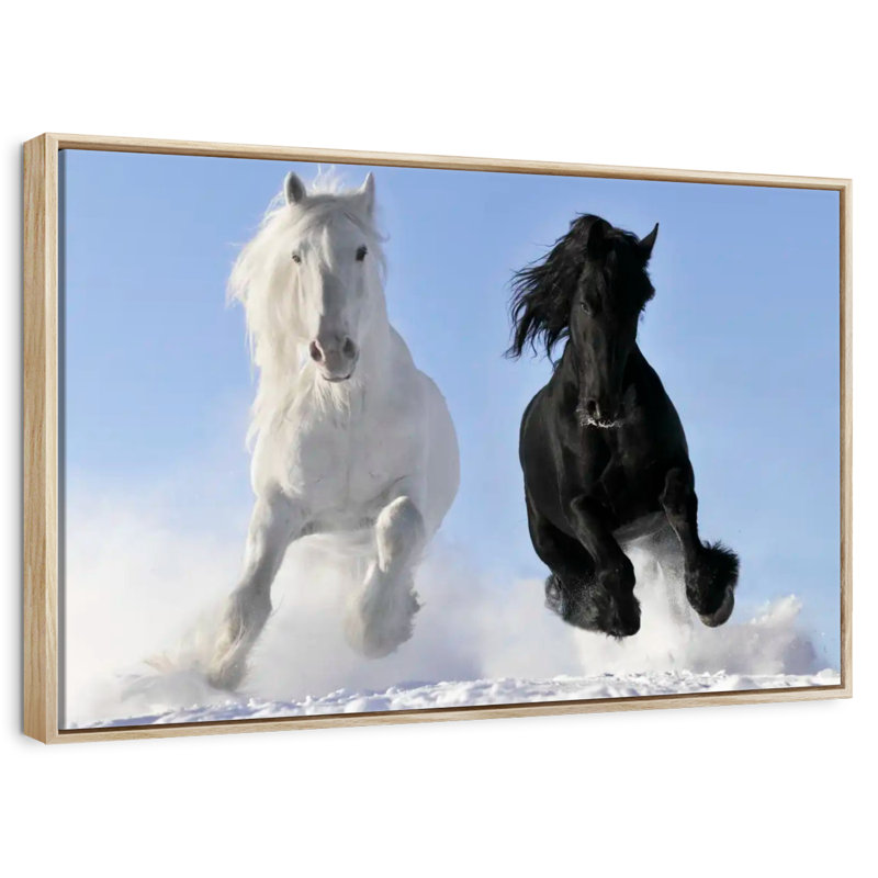 Winter Friesian Horses, Floating Frame Natural Wood, 13" X 9"