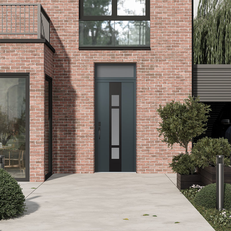 Porte d'entrée pré-suspendue à panneau en acier Diamond A9 avec traverse, Anthracite / anthracite / givré