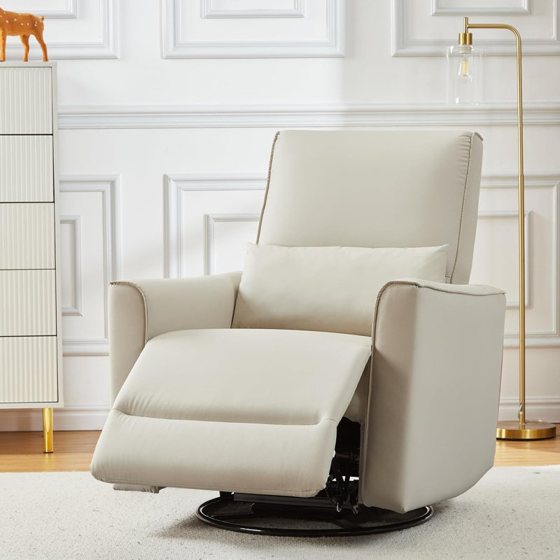 Manual Swivel Rocking Recliner Chair, High Back Faux Leather Sofa for Nursery, Beige, Beige