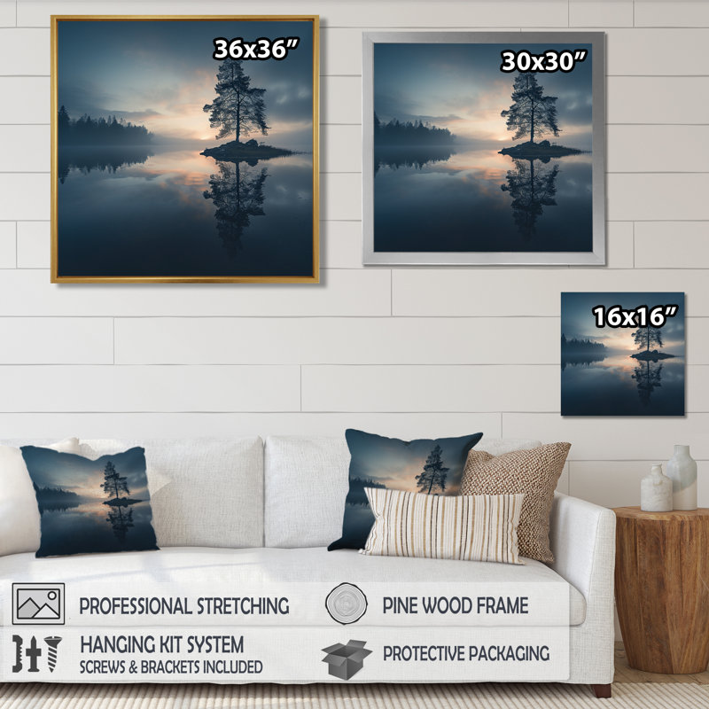 Bleu matin, brouillard au-dessus de Forest Lake - lac, art mural, Cadre flottant noir, bois massif, H 16 po x l 16 po