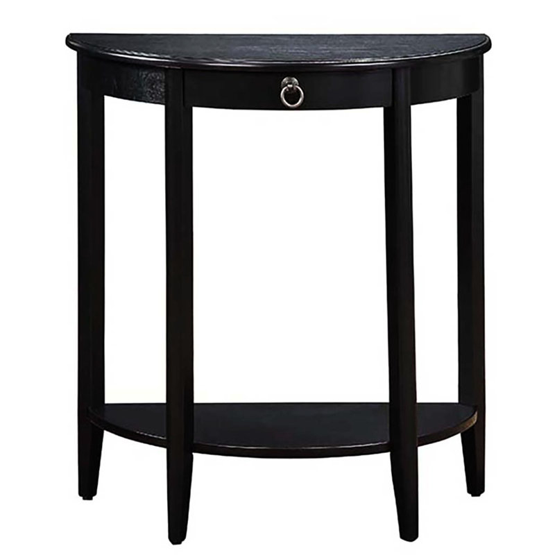 Table basse noire en demi-lune avec tablette inférieure, peu encombrante pour le salon