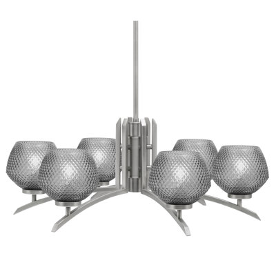 Kurve 6 Light Chandelier Shown In Graphite Finish With 6" Textured Glass
