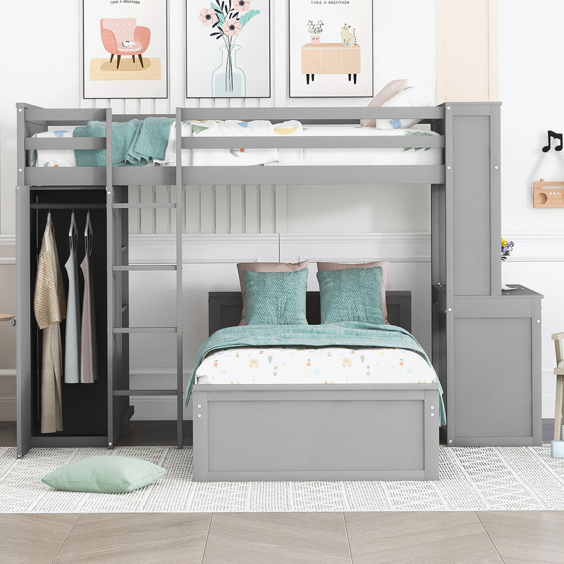 Lit mezzanine simple avec lit autoportant, tablettes, bureau et garde-robe gris (ANCIEN SKU: LT000820AAE)