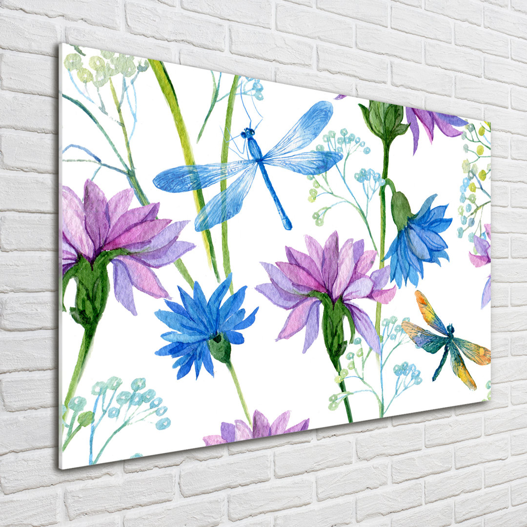 Glasbild Flowers And Dragonflies