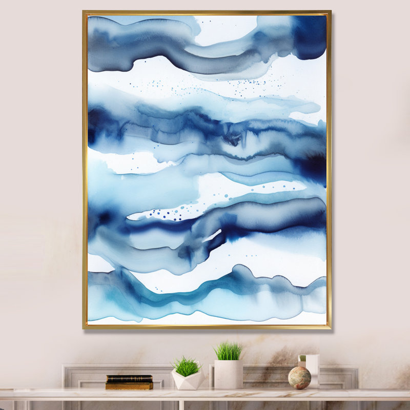 «Abstract Classic Blue Waves I» sur toile, Cadre flottant doré, H 40 po x l 30 po x P 1,5 po