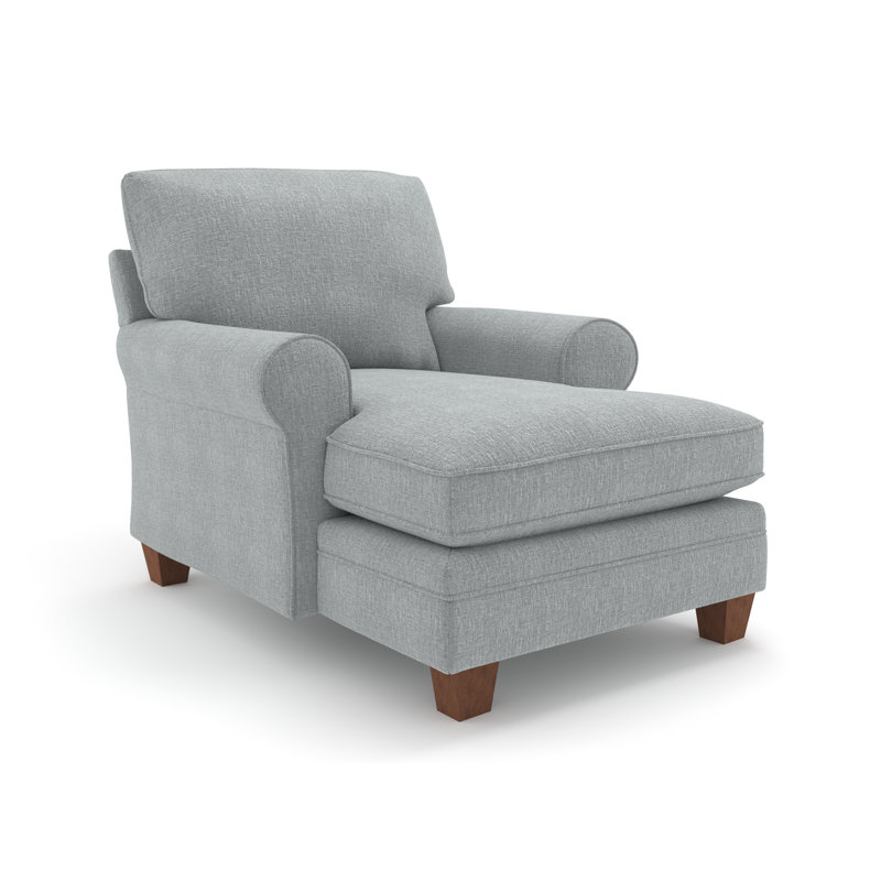 Upholstered Chaise Lounge, Dove Grey Performance, Dark Walnut