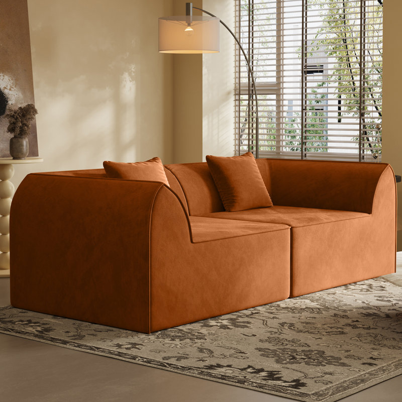 Compressed Memory Foam Sofa  With Rectangular Pillow 2-Seater Lounger Daybed For Bedroom, Guest Room, Orange, Orange