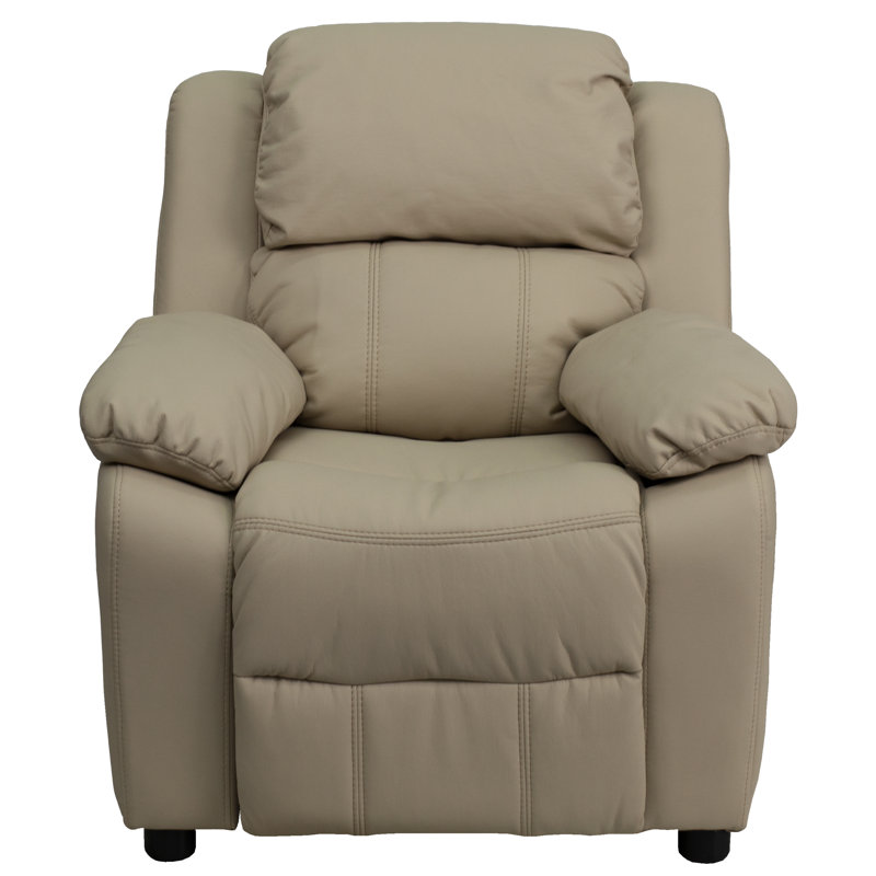 Deluxe Padded Contemporary Kids Recliner with Storage Arms, Vinyl - Beige