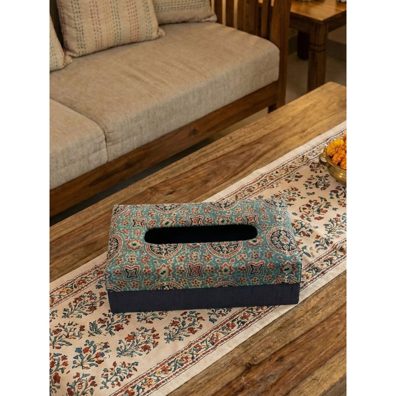 9" Handmade Ajrakh Block Print Tissue Box Cover – Indian Floral Pattern, Decorative Cardboard Holder for Car, Home & Office