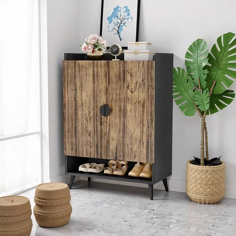 Rustic Brown & Black Vintage Shoe Cabinet with 7-Tier Storage, 28.76" W x 14.58" D x 43.34" H Metal & Particle Board Entryway Organizer