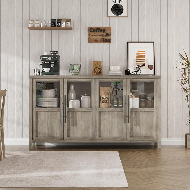 Grand buffet 55 po avec portes en verre, buffet de style campagne moderne, noir
