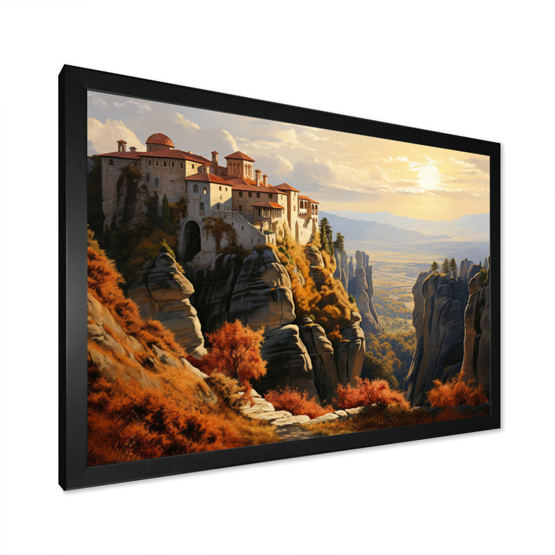 Greece Meteora Enigma I - Landscapes Canvas Art Print, Cadre photo noir, H 16 po x l 32 po x P 1 po
