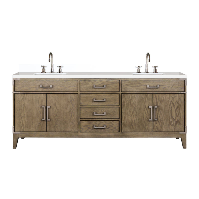 Chêne gris 80 po Large meuble-lavabo double avec comptoir en marbre de culture, robinet, fermeture en douceur et deux armoires à quatre tiroirs pour un grand rangement