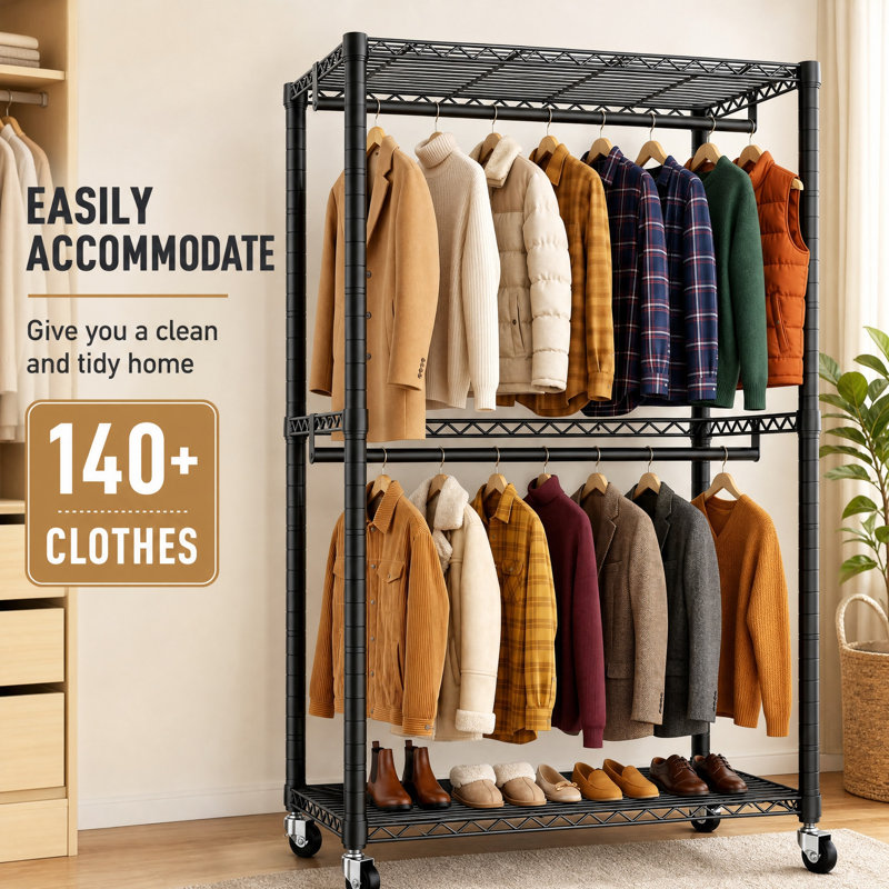 90.1 cm Adjustable Rolling Clothes Rack, Black