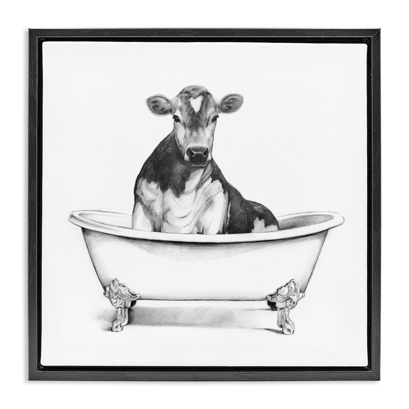 "Vache dans la baignoire", art mural encadré par Victoria Borges, Cadre flottant noir de jais, H 18 po x l 18 po