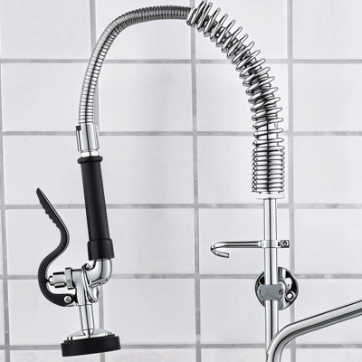 Commercial Wall-Mounted Kitchen Faucet, Made Of Brass With A Pre-Rinse Pull-Out Nozzle, Sized To Fit Multi-Compartment Sinks, And The Spout Arm Can Rotate 12.2 Inches.