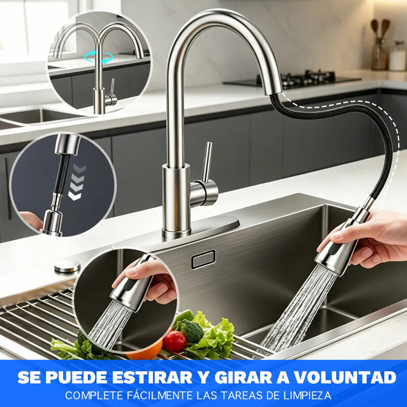 Robinet de cuisine rétractable en chrome poli Mosson avec bouton de pause et plaque de pont de 10 pouces