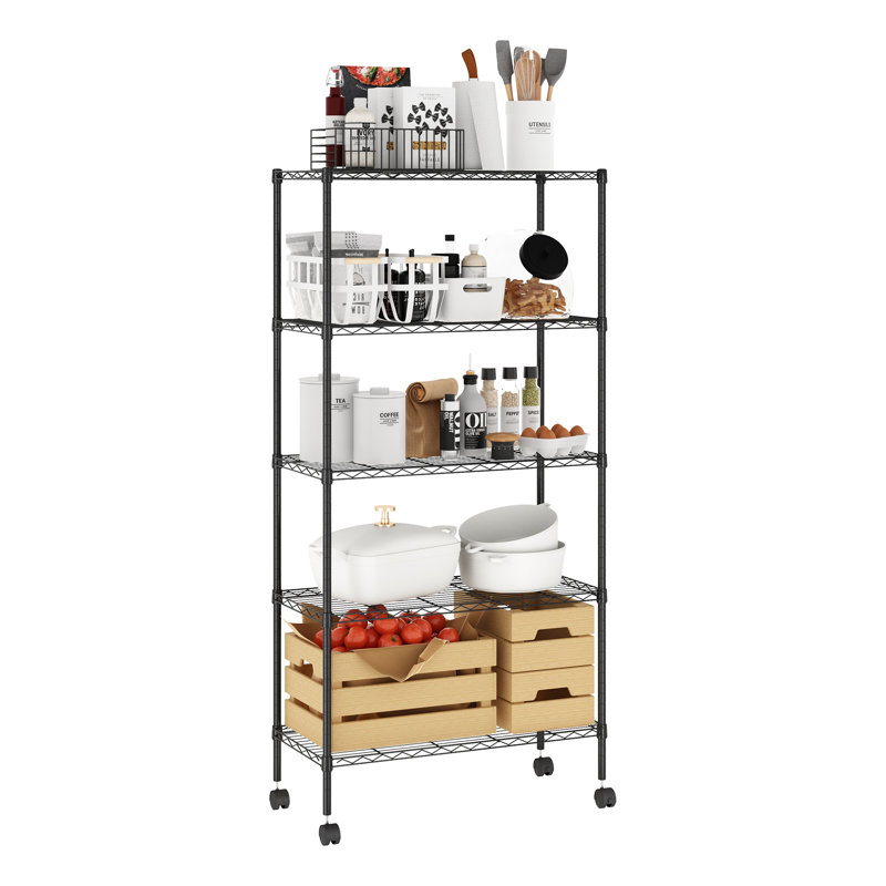 Glenward 76.2cm W Stainless Steel Height -Adjustable Storage Rack with Wheels, Black, 152.4cm H x 76.2cm W x 35.56cm D