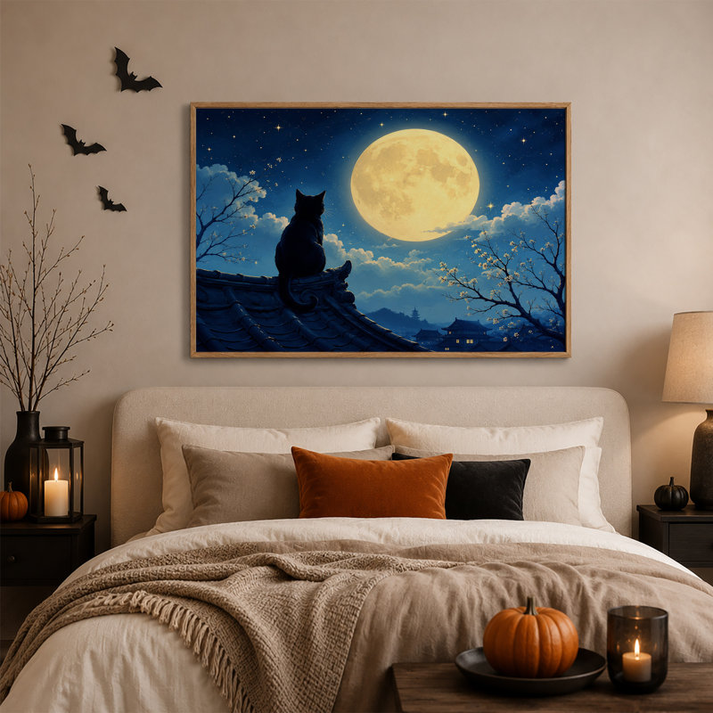 Toile noire regardant une pleine lune au-dessus d'une fleur de cerisier, H 32 po x l 48 po