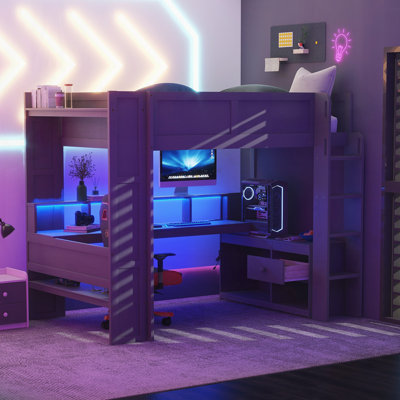 Lit mezzanine en bois avec bureau, tablettes multiples, DEL et station de charge