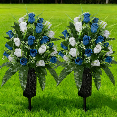 2 Sets Artificial Cemetery Flowers With Vase - Outdoor Grave Decorations, Non-Bleed Colour Roses Bouquet, Long-Lasting Beautiful Floral Arrangements For Memorial Grave Decor