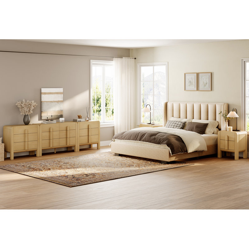 Ensemble de chambre à coucher 5 pièces, commode double en bois et ensemble de table de chevet, ensemble de 2 tables de chevet, commode à 12 tiroirs avec profil incurvé, ensemble de commode Mid-Century moderne