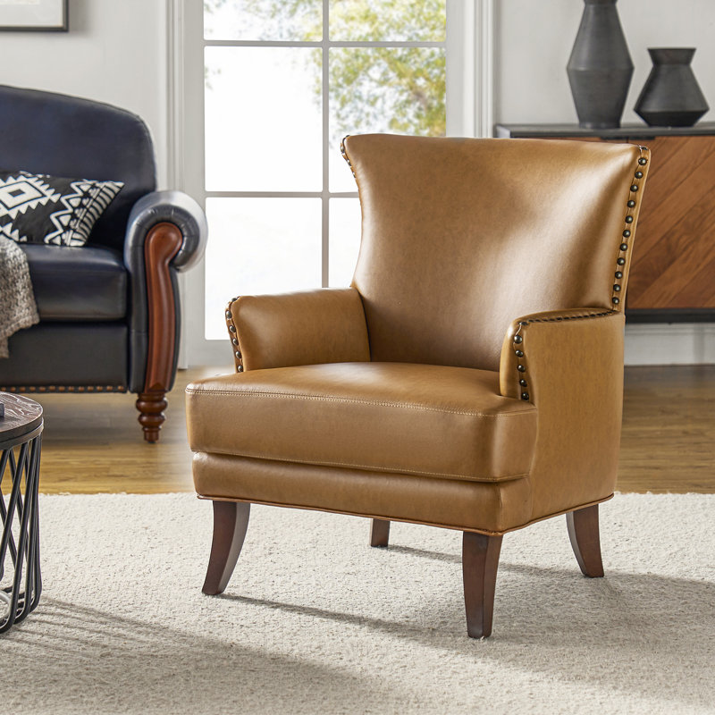 Fauteuil à oreilles en cuir 29,2 po Aviles, Similicuir brun clair