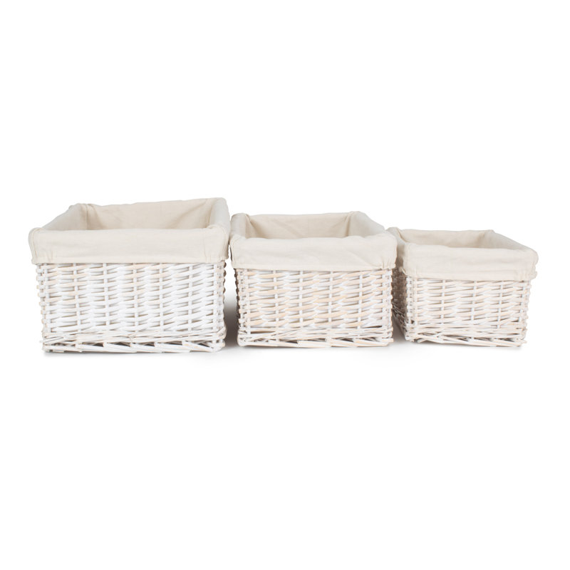 Wicker Lined Storage Basket Set 3, White Wash