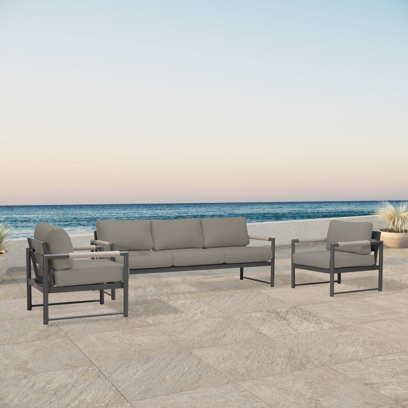 Avrilyn Metal 3 Piece Deep Sofa Seating Group with Sunbrella Cushions, Toile gris anthracite Sunbrella®, Ardoise