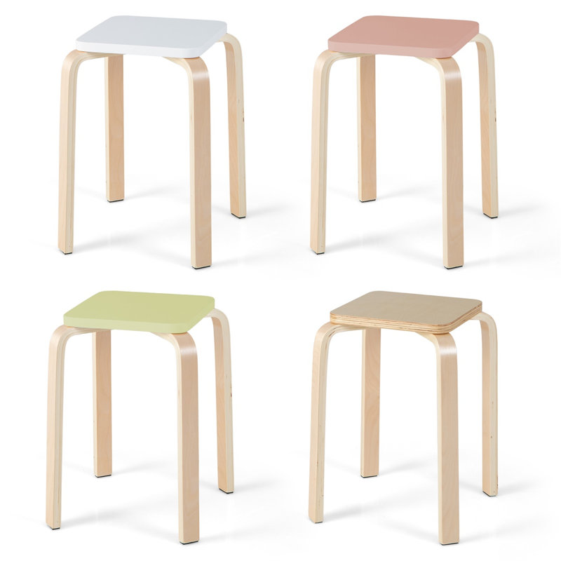  Ensemble de 4 tabourets empilables carrés colorés en bois avec patins en feutre, peuplier multicolore et bois de bouleau, naturel
