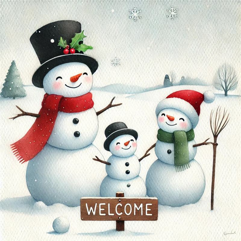 «Frosty Greetings: Wel accueilling Snowman Family», art mural sur toile, H 30 po x l 30 po x P 1,5 po
