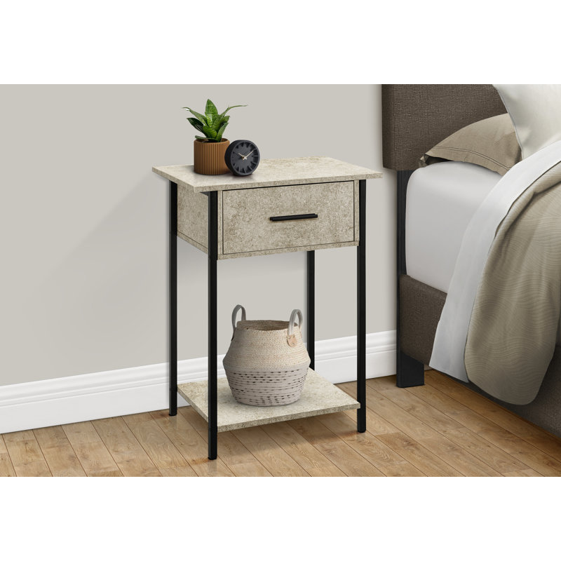 Table d'appoint contemporaine à 2 niveaux avec tiroir de rangement, stratifié en pierre crème et métal noir, petite table de bout pour le salon | Idée de cadeau