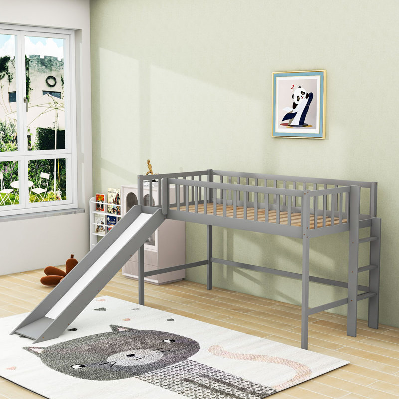 Wood Twin Low Loft Bed With Ladder, Slide And Guardrails, Gray